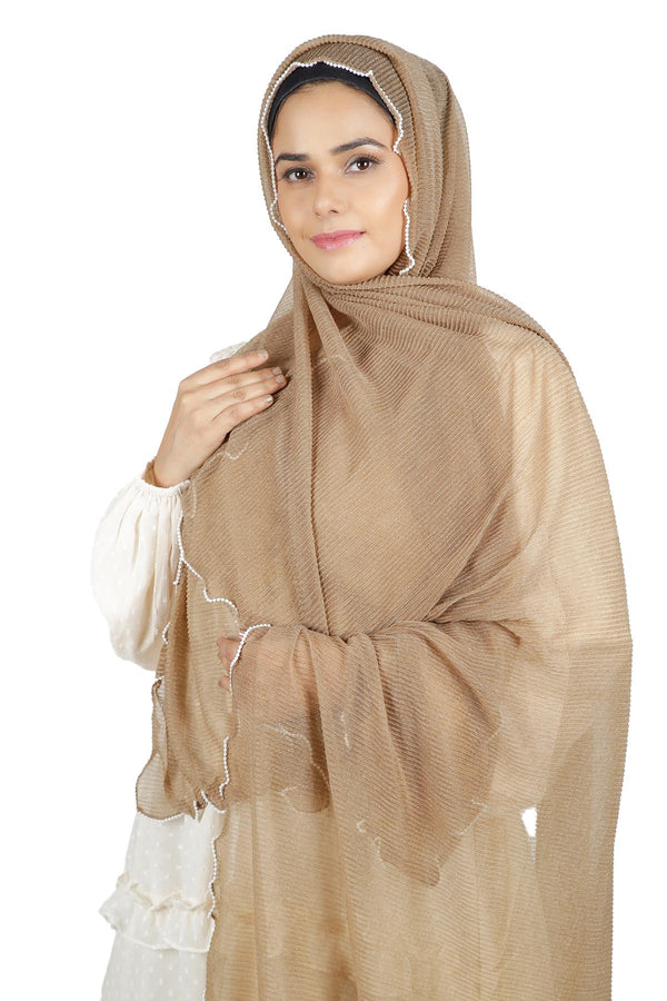 Beige Premium Chiffon Hijab with White Lace Border