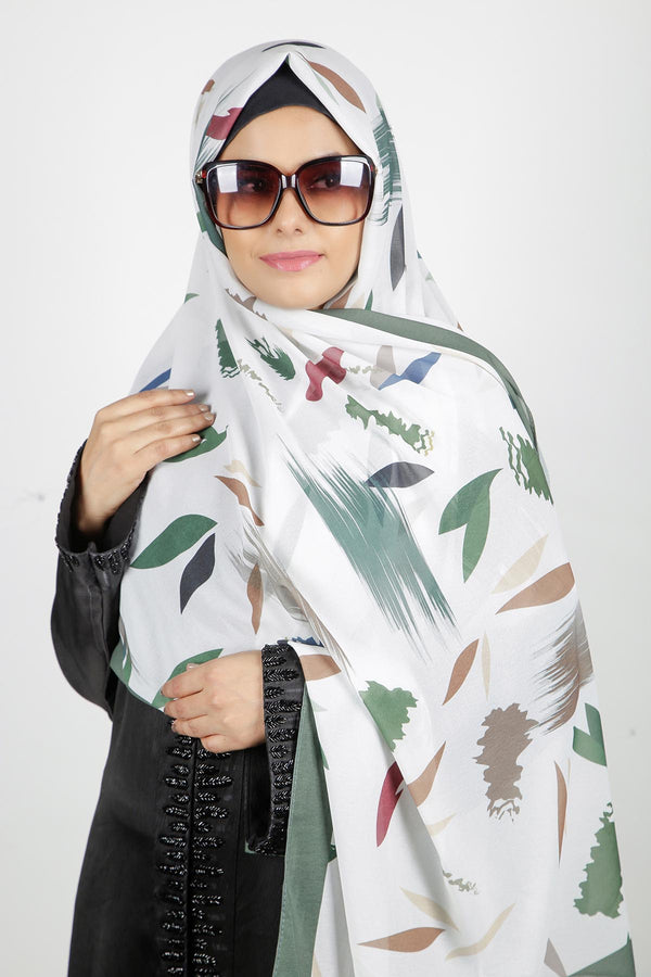 Stunning Printed White and Green Satin Hijab