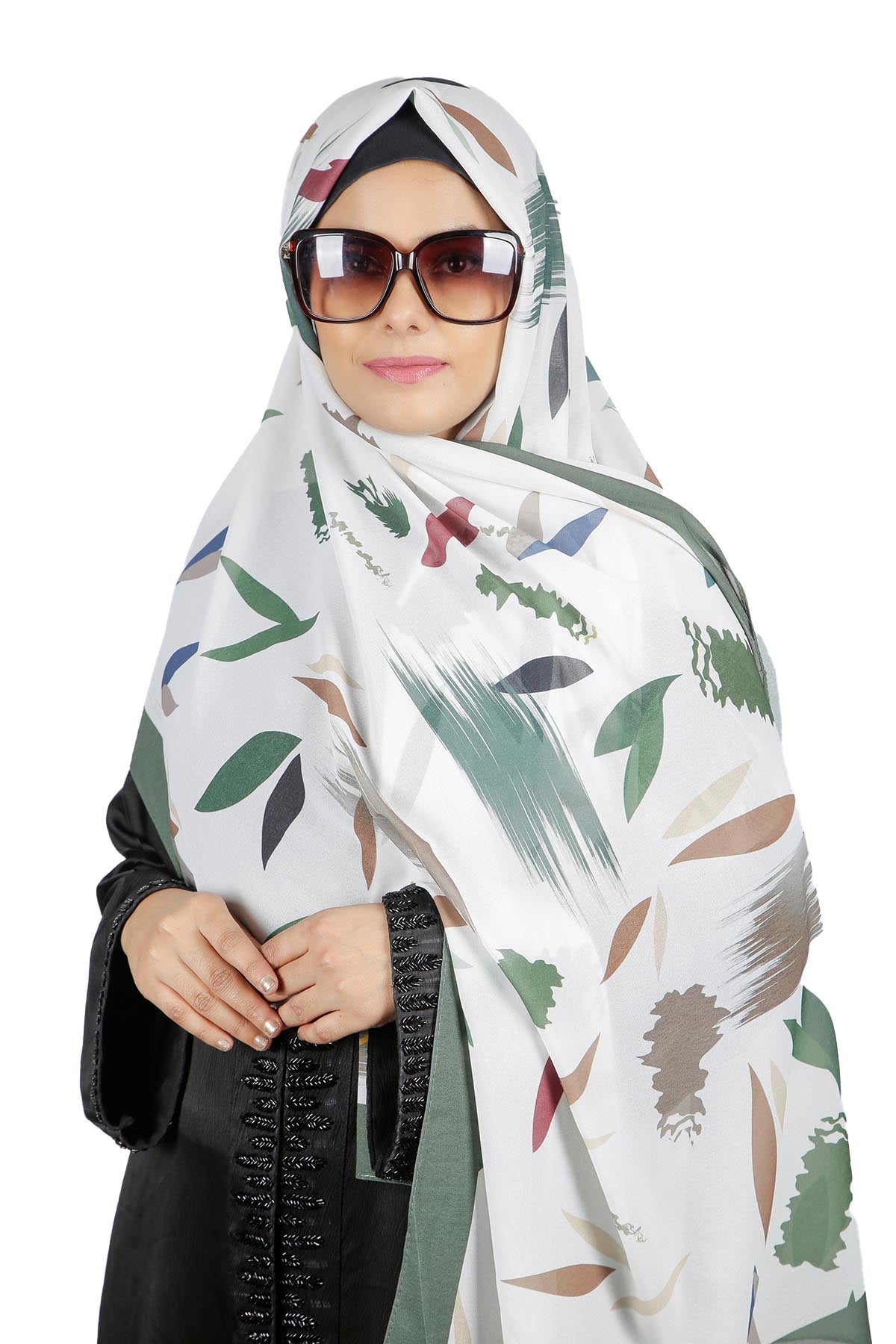 Stunning Printed White and Green Satin Hijab