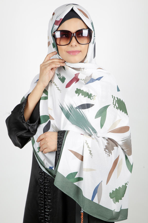 Stunning Printed White and Green Satin Hijab