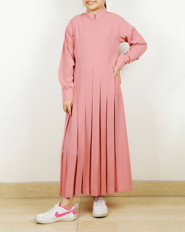 An Umbrella Style Stunning Pleated Pink Kids Abaya With Pinstriped Yolk