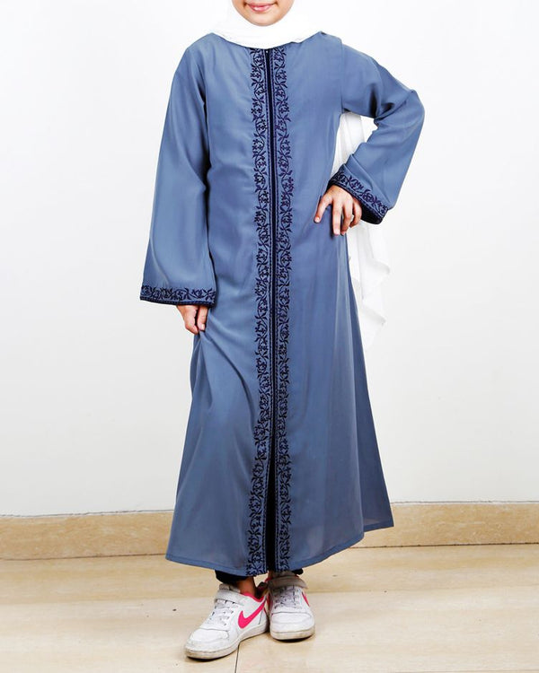 Grey Kids Abaya With Embroidery
