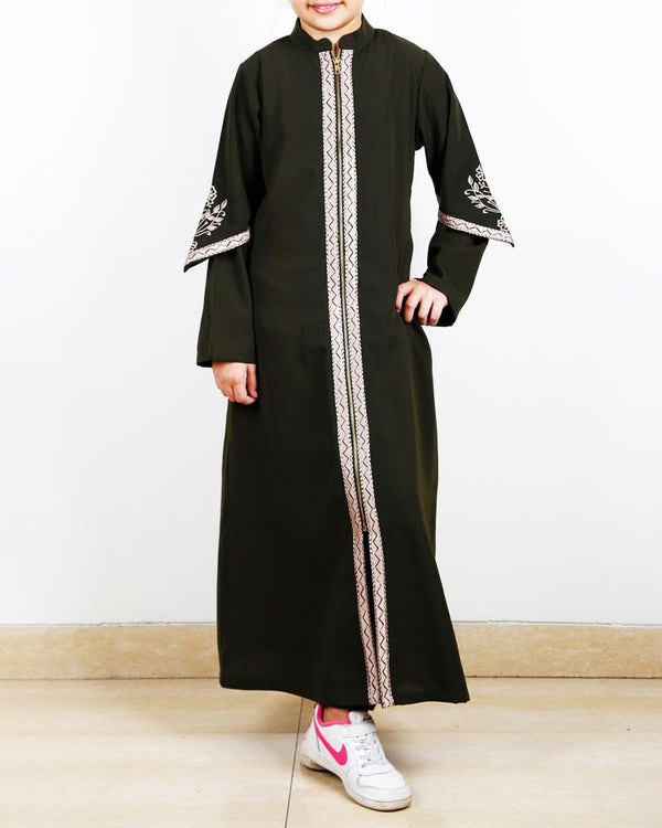Bygone Front Zipper Bottle Green Kids Abaya