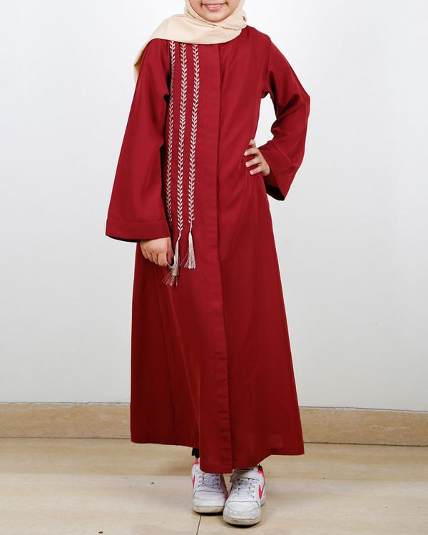 Elegant Brick Red Embroidered Kids Abaya