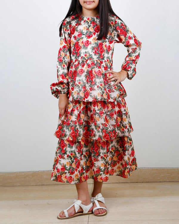 Floral Print Multi Layer Kids Maxi Dress