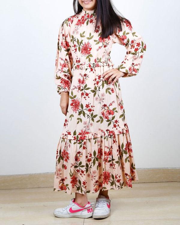 Printed Gathered Kids Maxi Dress