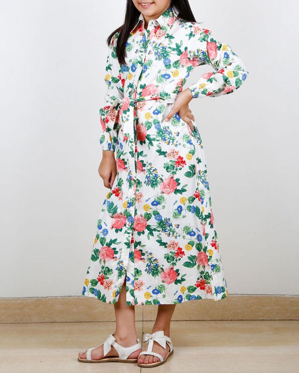 Flower Print Shirt Style Kids Maxi Dress