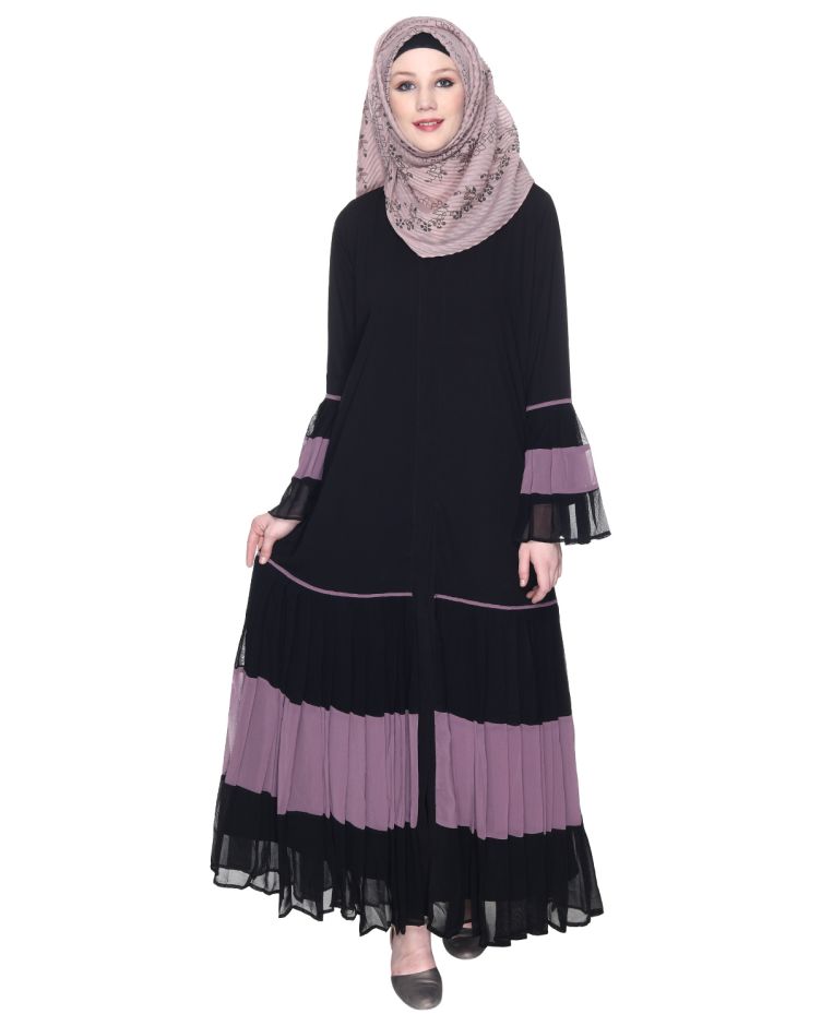 Bell Style Pleated Imperial Purple & Black Georgette Abaya