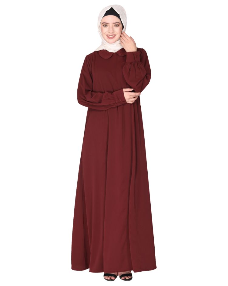 Unpretentious maroon simple Abaya with fancy shirt collars