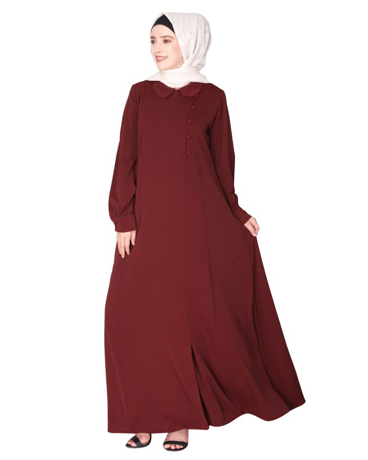 Unpretentious maroon simple Abaya with fancy shirt collars