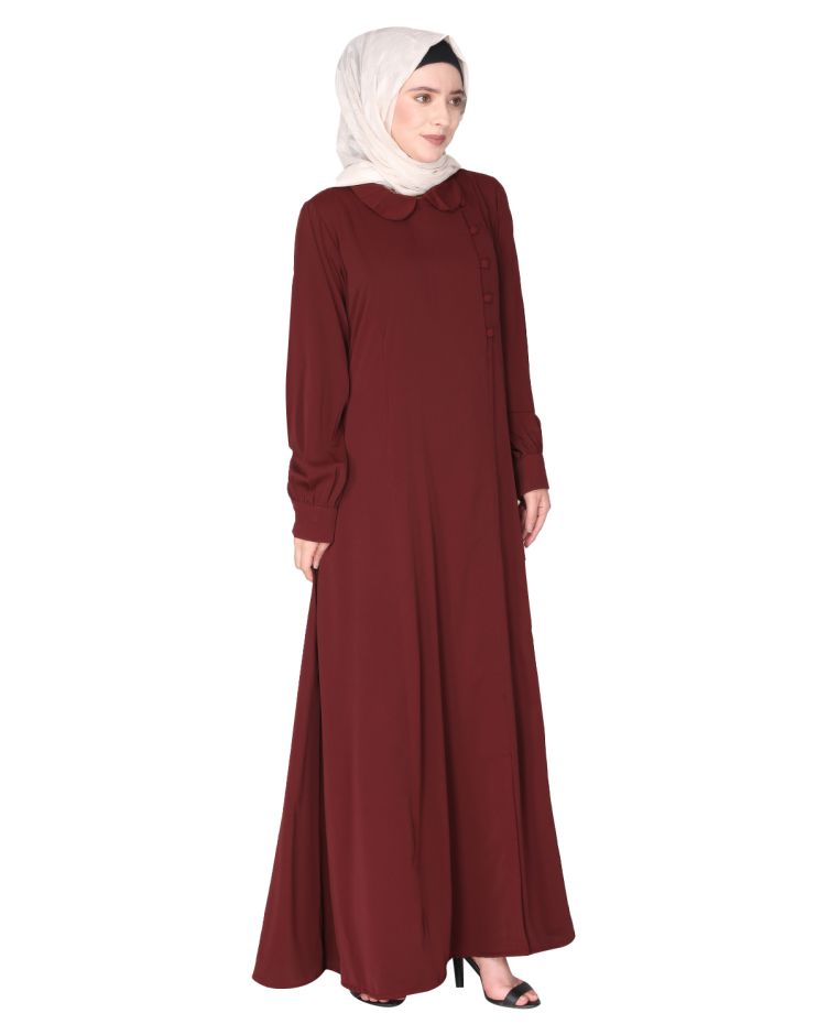 Unpretentious maroon simple Abaya with fancy shirt collars