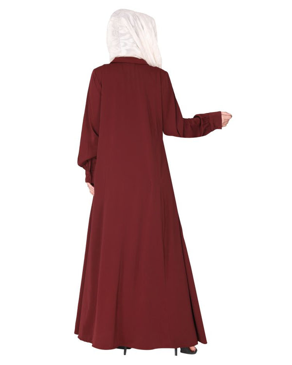 Unpretentious maroon simple Abaya with fancy shirt collars