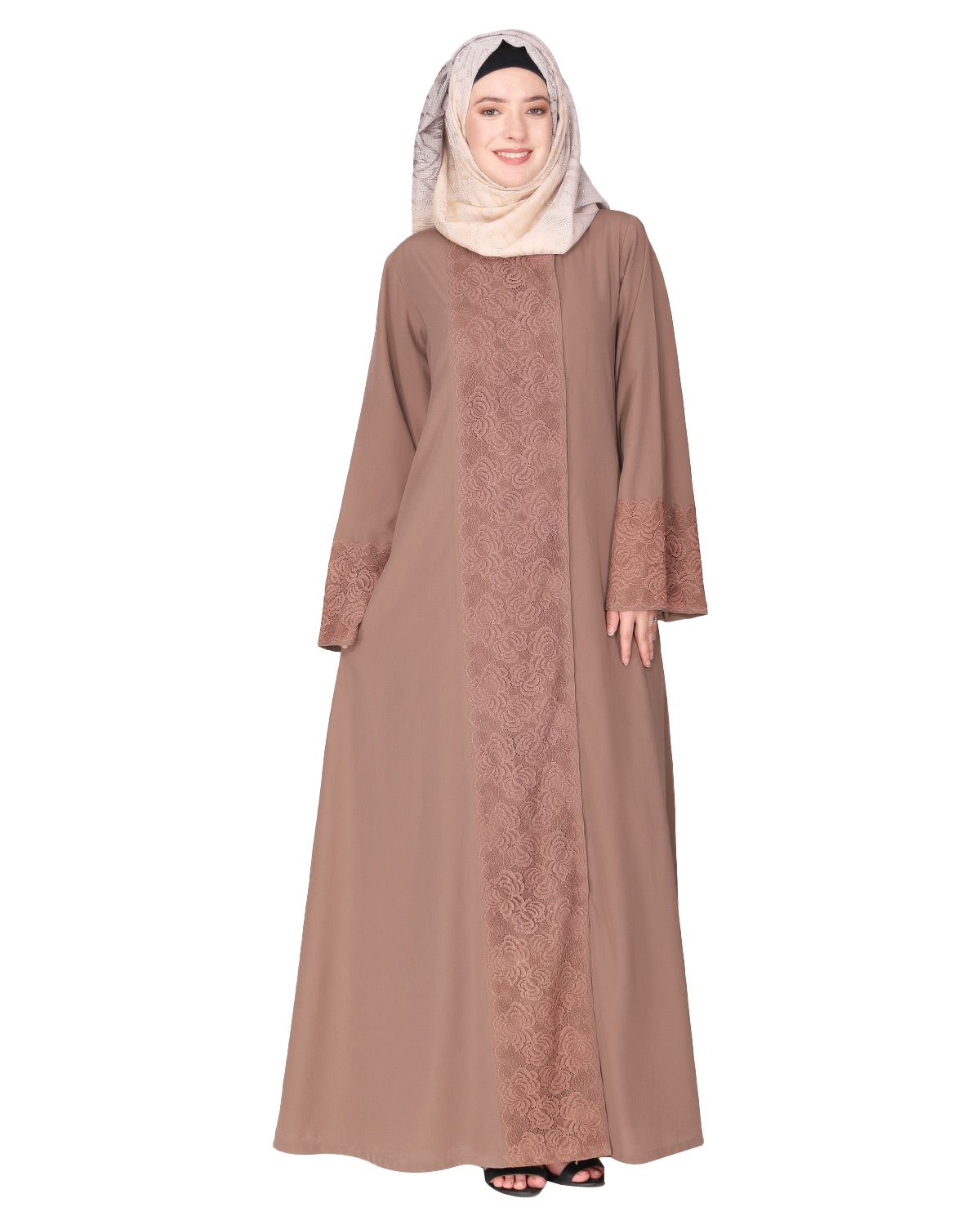 Eloquent formal brown widelaced front open Abaya