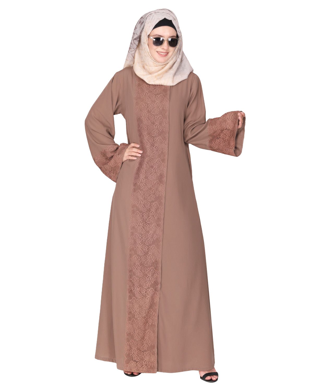 Eloquent formal brown widelaced front open Abaya