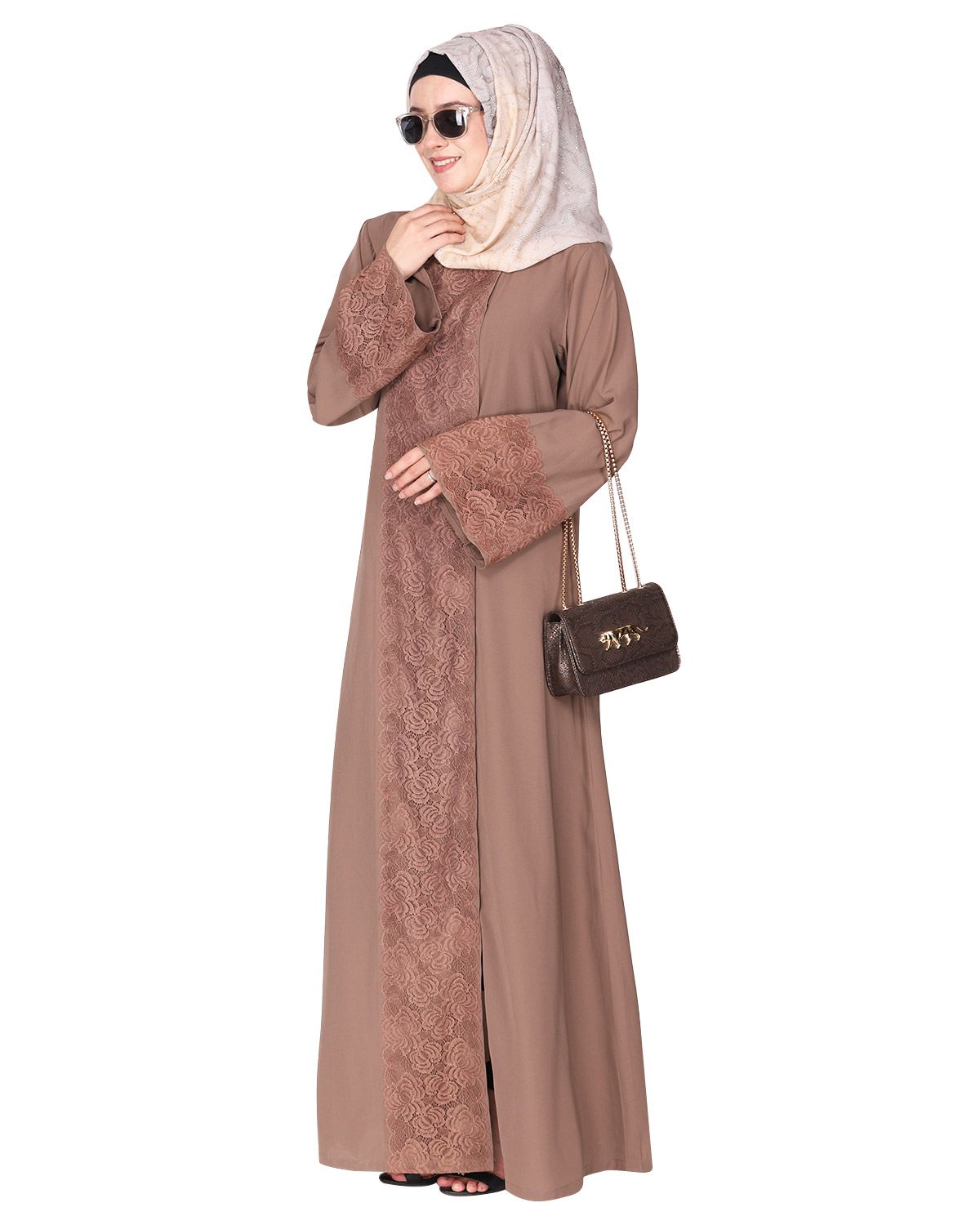Eloquent formal brown widelaced front open Abaya