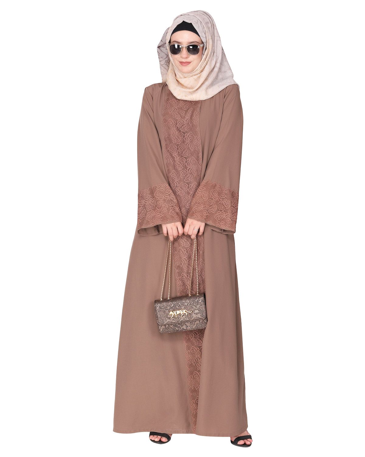 Eloquent formal brown widelaced front open Abaya