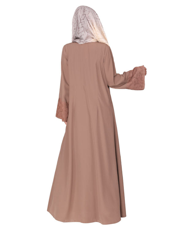 Eloquent formal brown widelaced front open Abaya