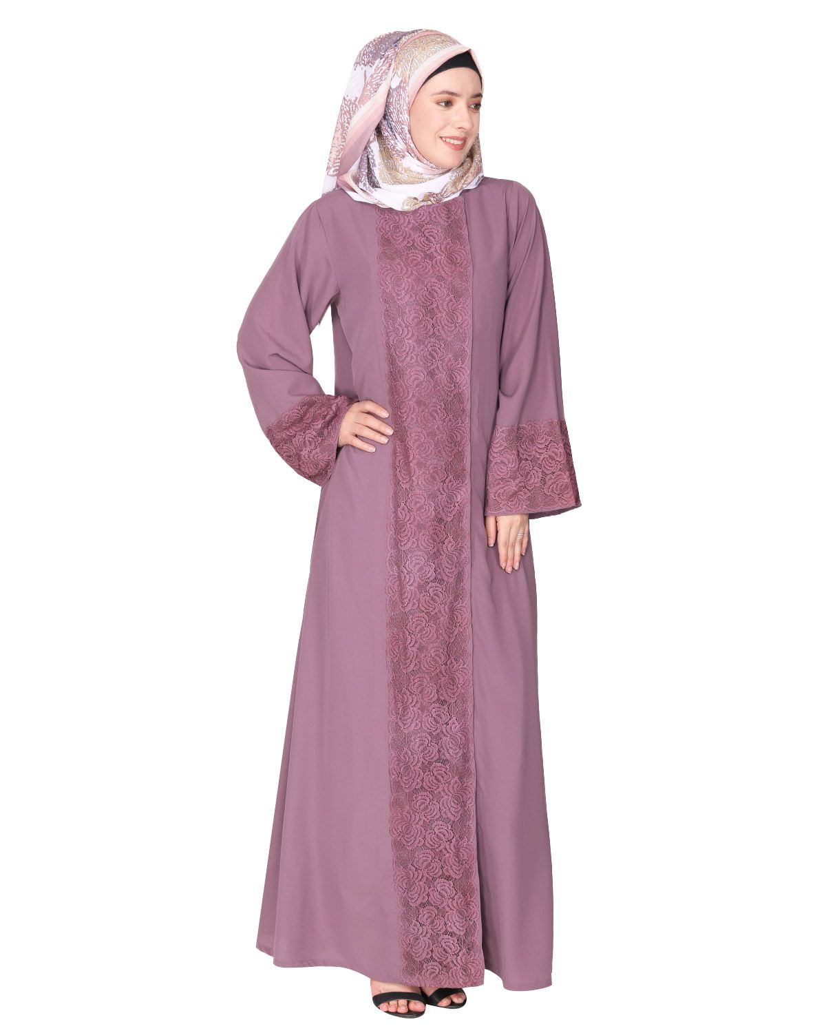 Eloquent formal light purple widelaced front open Abaya