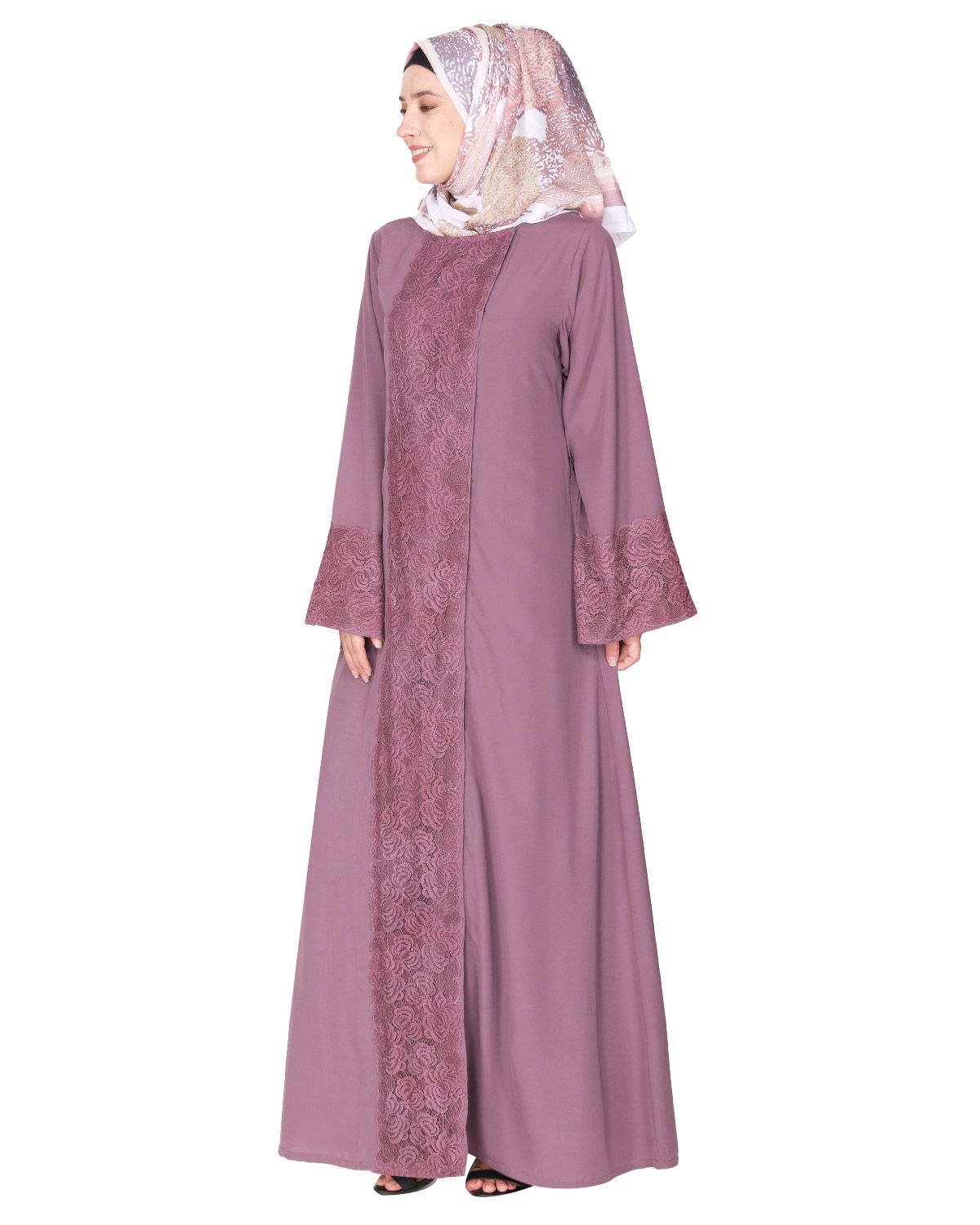 Eloquent formal light purple widelaced front open Abaya