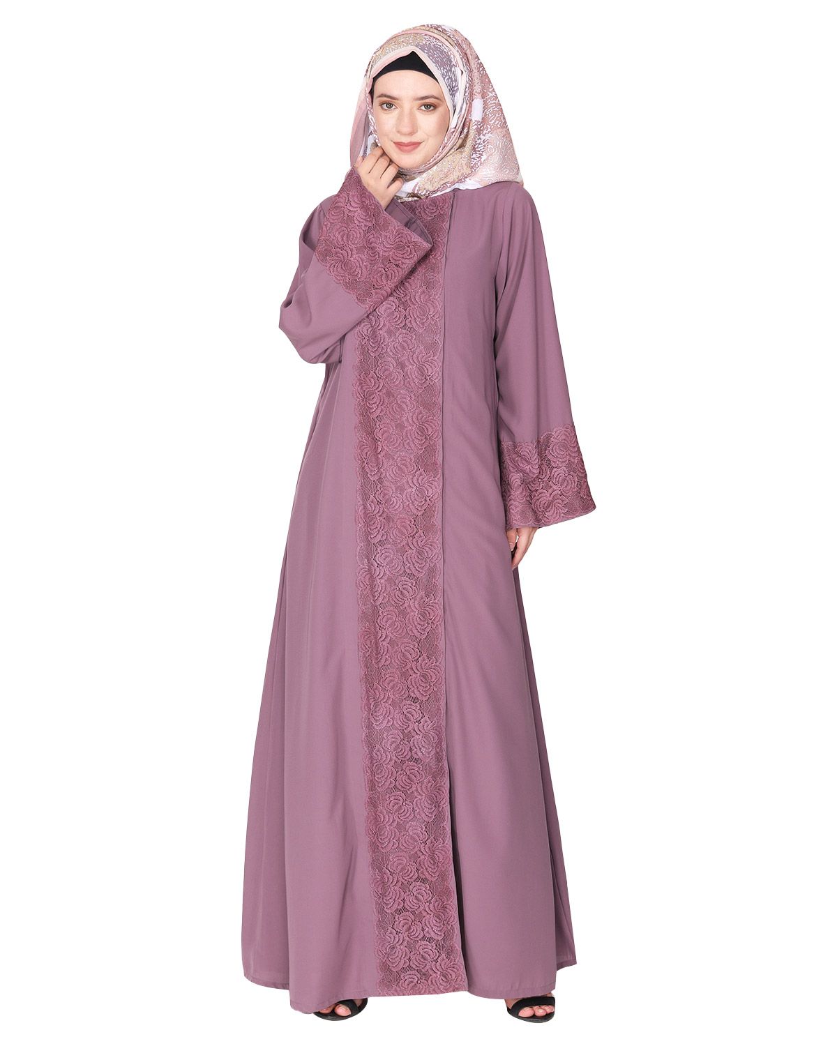 Eloquent formal light purple widelaced front open Abaya
