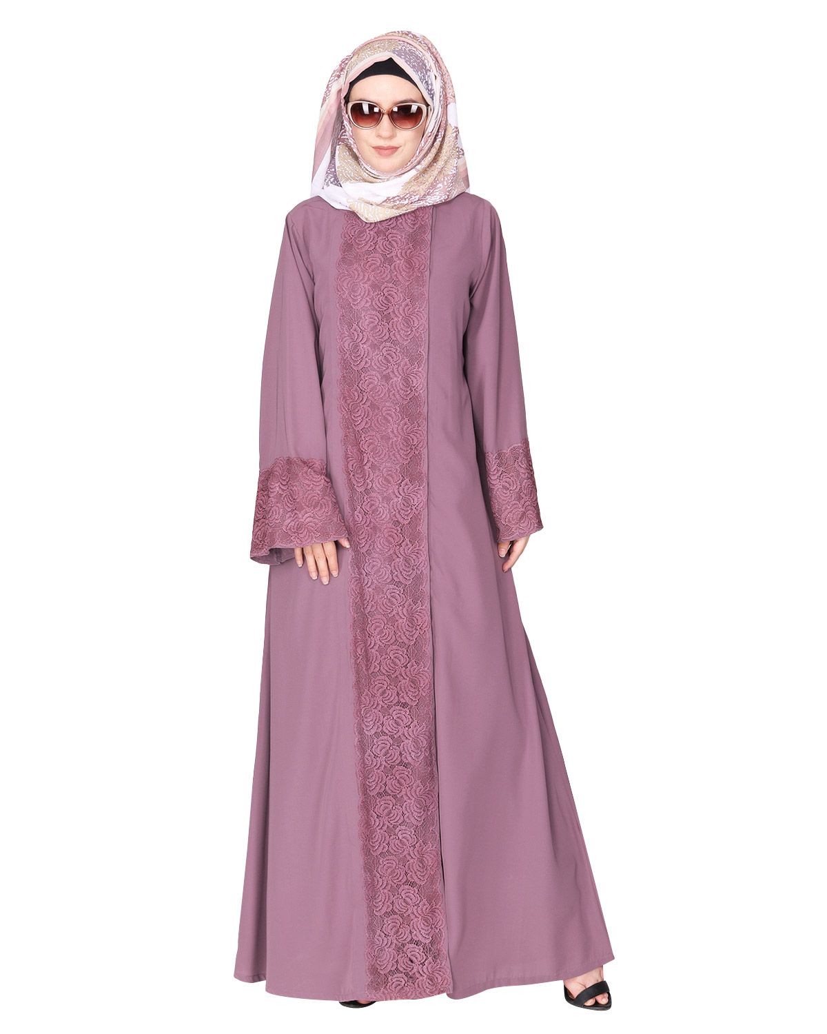 Eloquent formal light purple widelaced front open Abaya