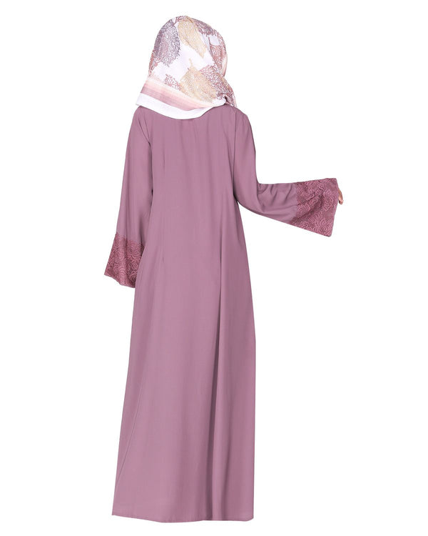 Eloquent formal light purple widelaced front open Abaya