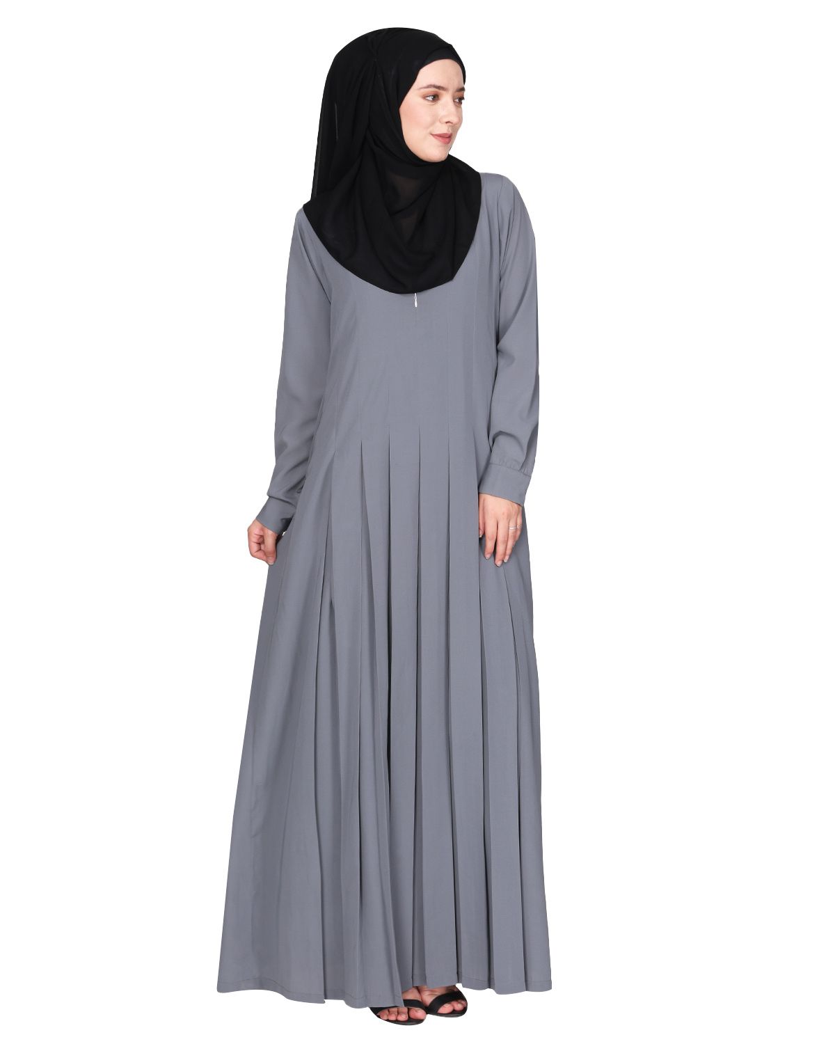 An Umbrella style stunning pleated light grey abaya with Pinstriped Yolk