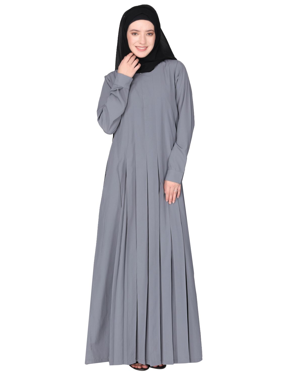 An Umbrella style stunning pleated light grey abaya with Pinstriped Yolk