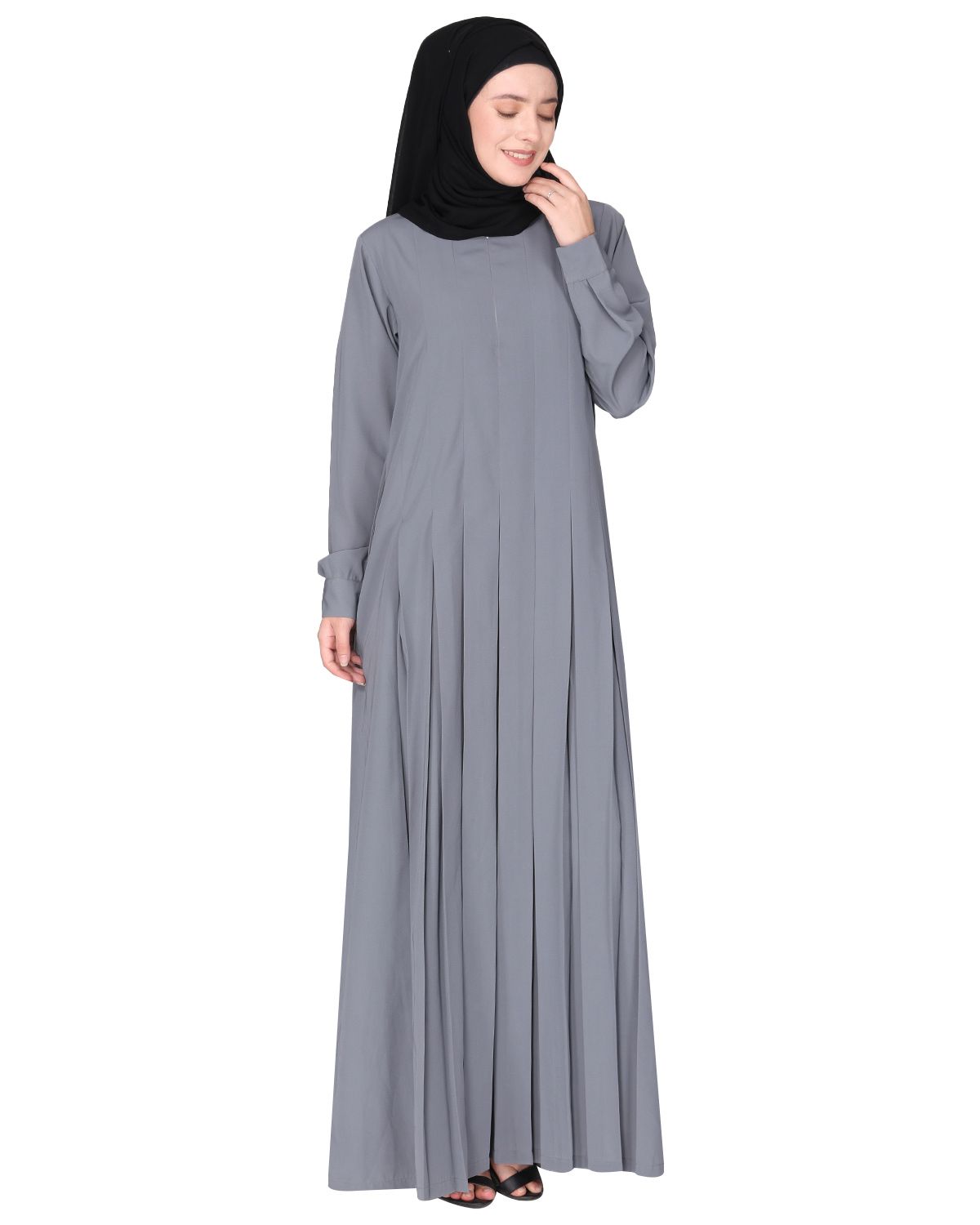 An Umbrella style stunning pleated light grey abaya with Pinstriped Yolk