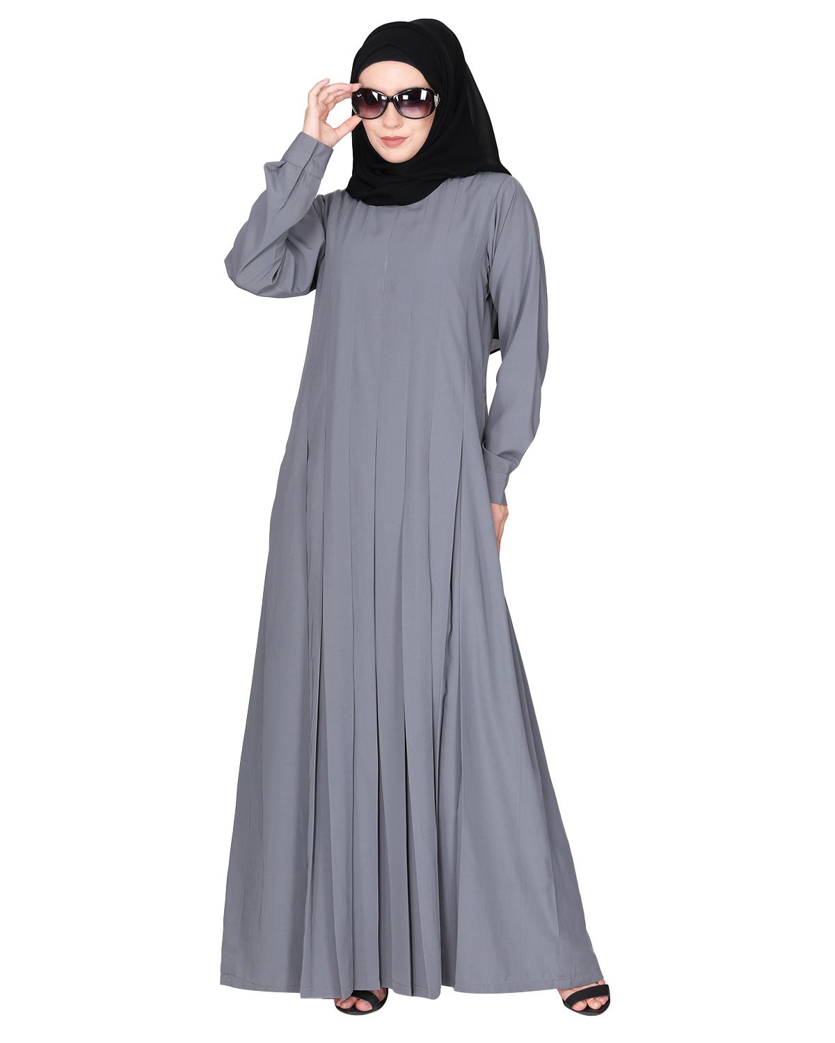 An Umbrella style stunning pleated light grey abaya with Pinstriped Yolk