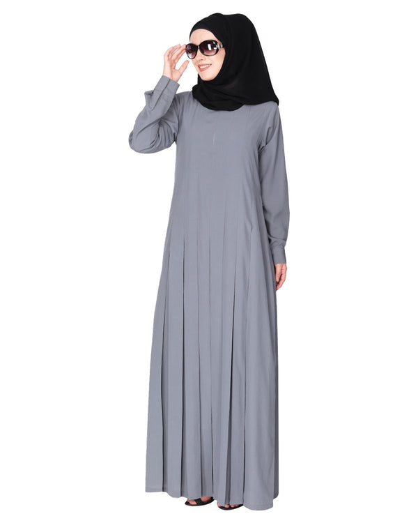 An Umbrella style stunning pleated light grey abaya with Pinstriped Yolk