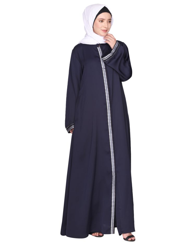 Pleasing front open blue abaya with beautiful checkered embroidery