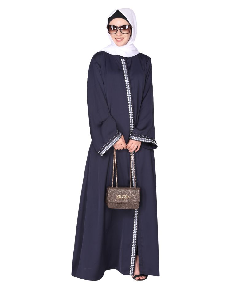 Pleasing front open blue abaya with beautiful checkered embroidery