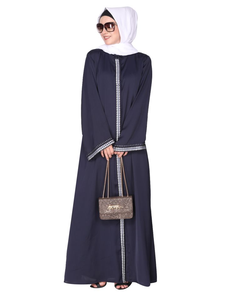 Pleasing front open blue abaya with beautiful checkered embroidery