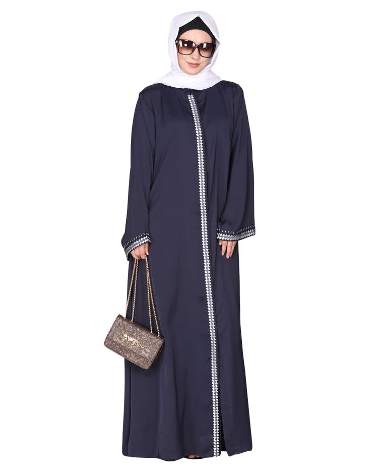 Pleasing front open blue abaya with beautiful checkered embroidery