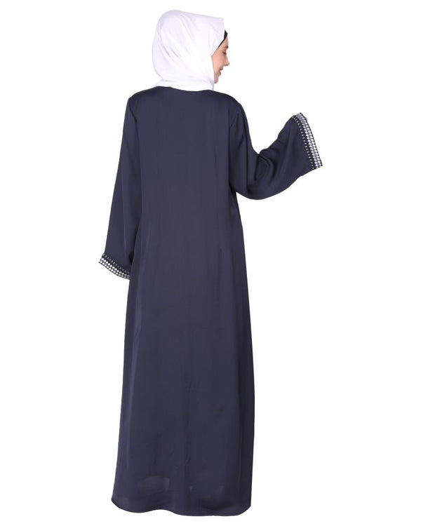 Pleasing front open blue abaya with beautiful checkered embroidery