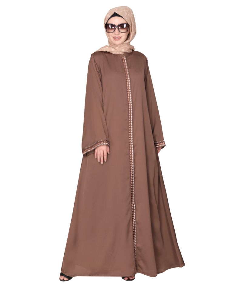 Pleasing front open brown abaya with beautiful checkered embroidery
