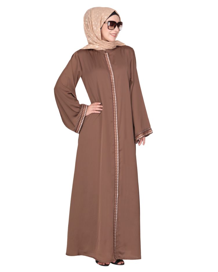 Pleasing front open brown abaya with beautiful checkered embroidery