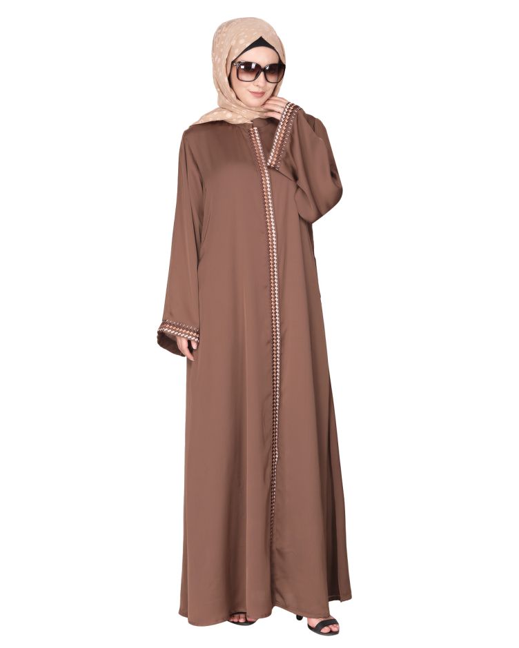 Pleasing front open brown abaya with beautiful checkered embroidery