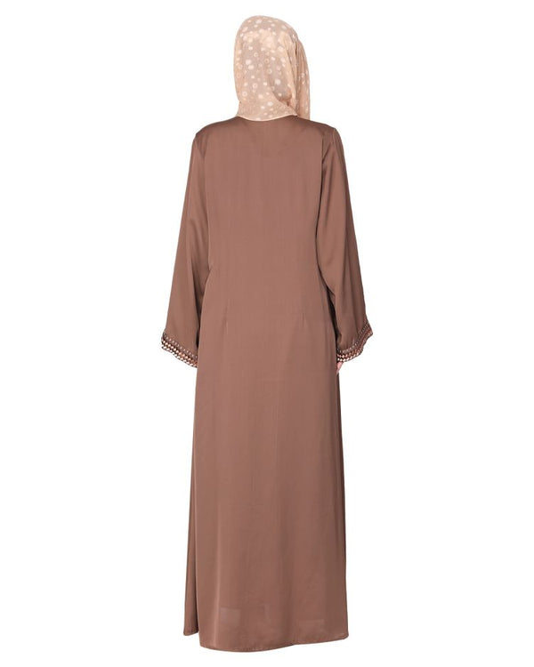 Pleasing front open brown abaya with beautiful checkered embroidery