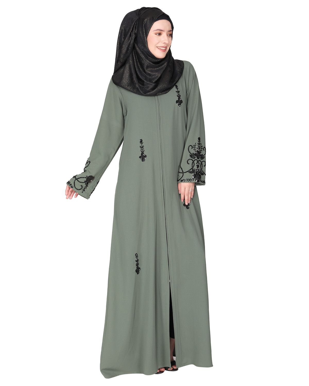 Rich hand embroidered front open dead mint abaya with itricate motif of glittering black beads