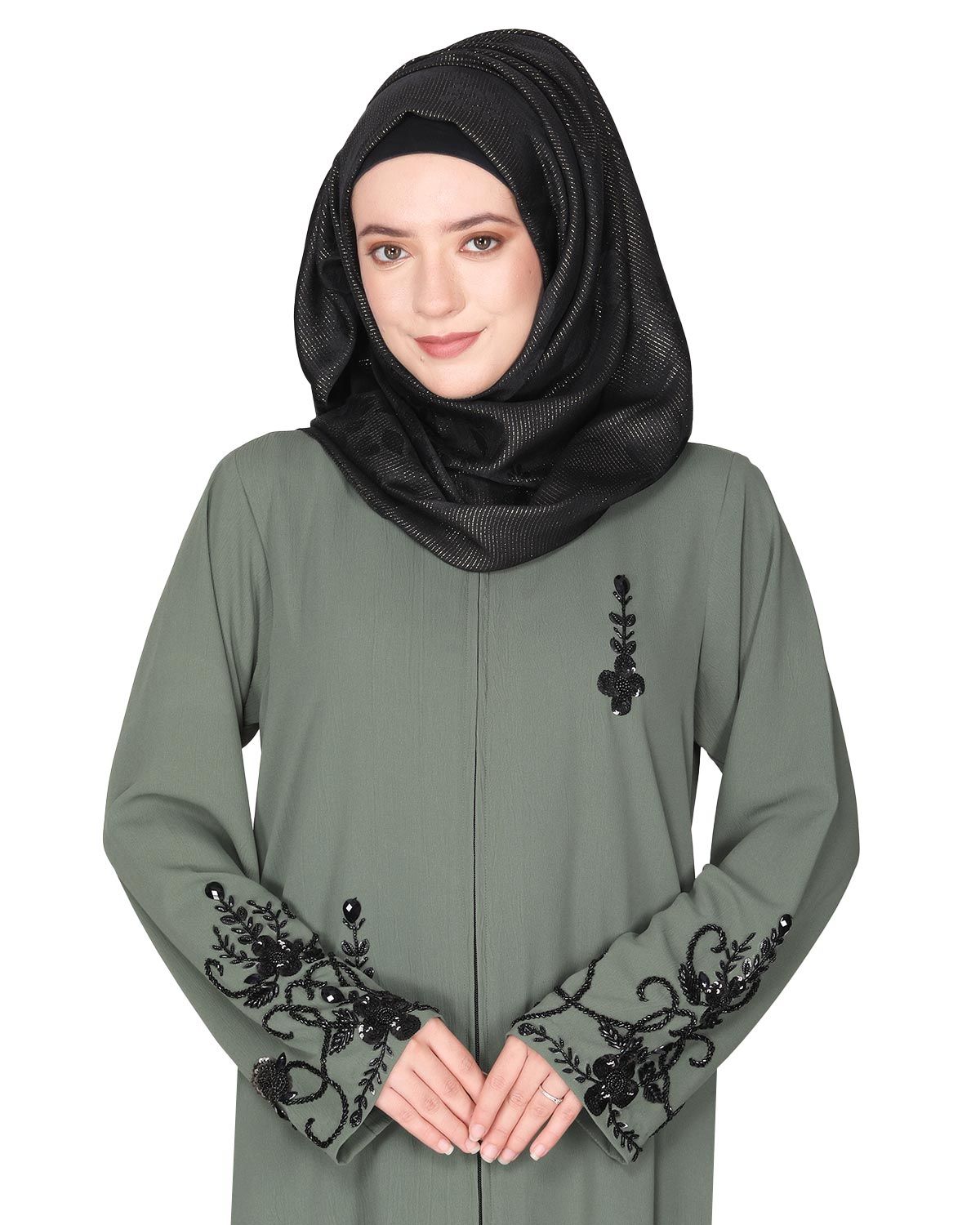 Rich hand embroidered front open dead mint abaya with itricate motif of glittering black beads