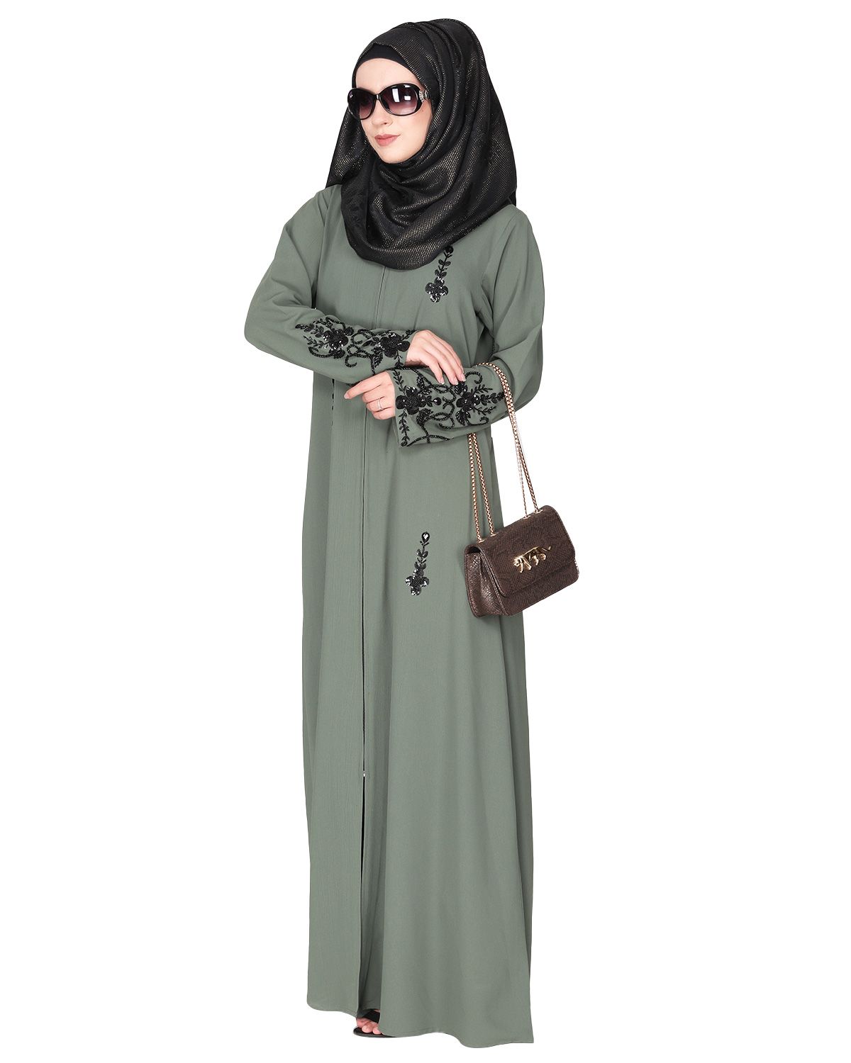 Rich hand embroidered front open dead mint abaya with itricate motif of glittering black beads