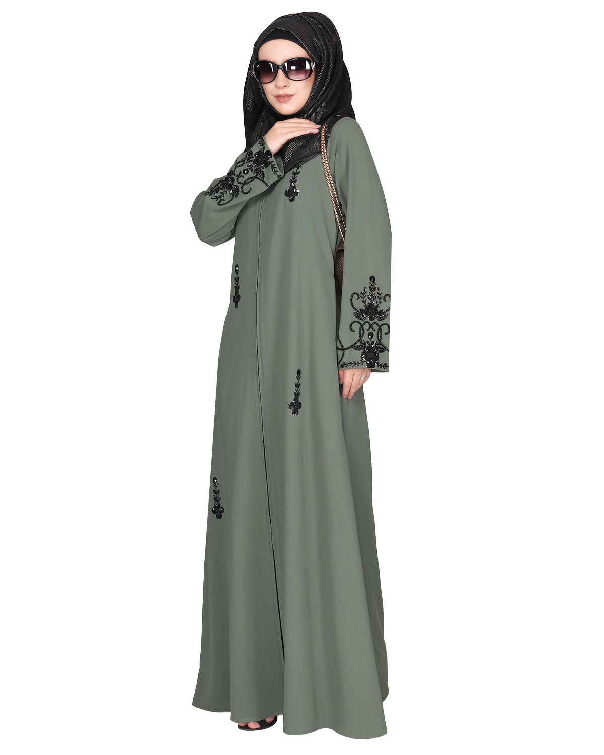 Rich hand embroidered front open dead mint abaya with itricate motif of glittering black beads