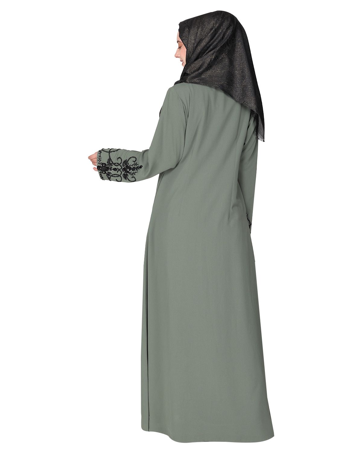 Rich hand embroidered front open dead mint abaya with itricate motif of glittering black beads