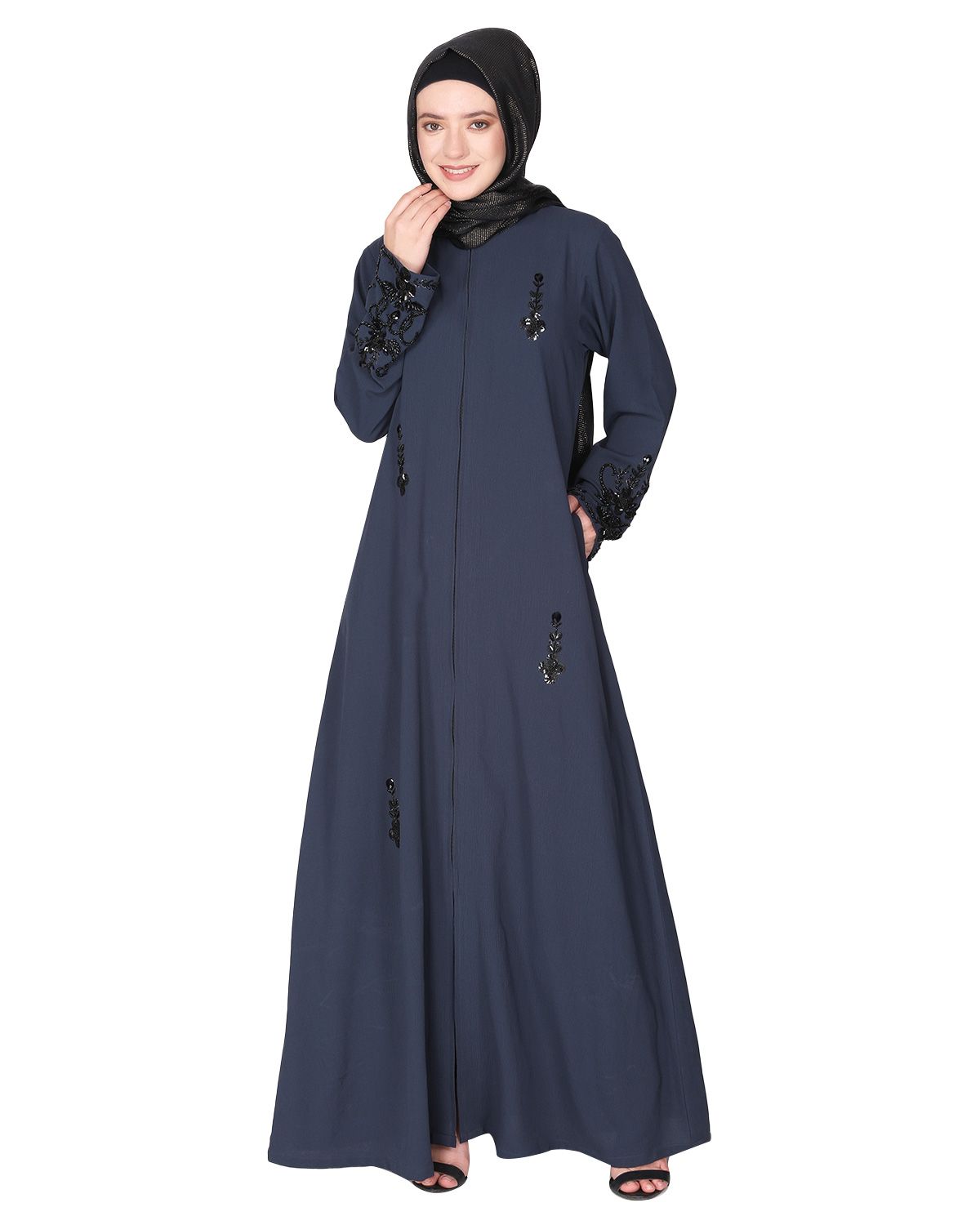 Rich hand embroidered front open dark grey abaya with itricate motif of glittering black beads