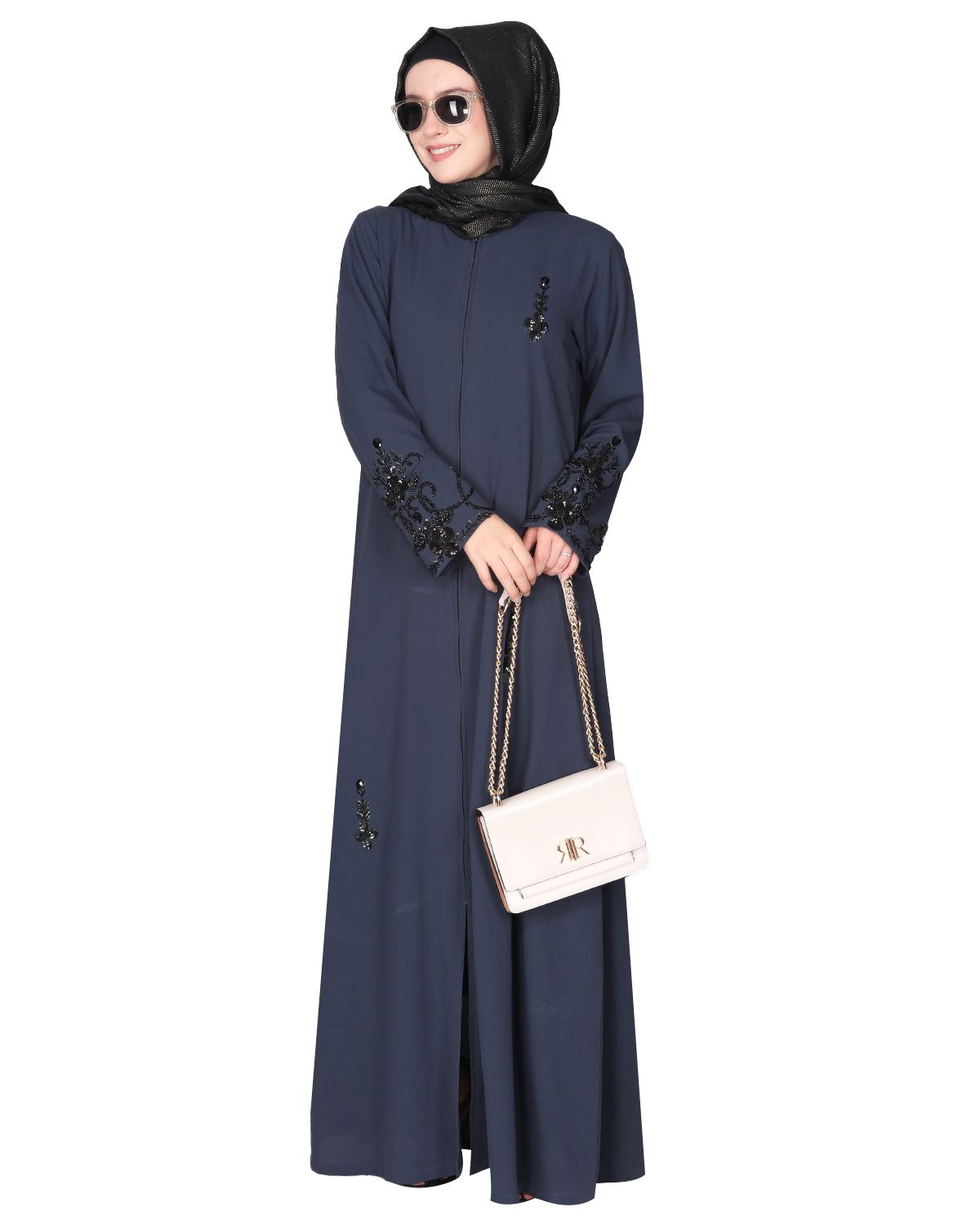 Rich hand embroidered front open dark grey abaya with itricate motif of glittering black beads