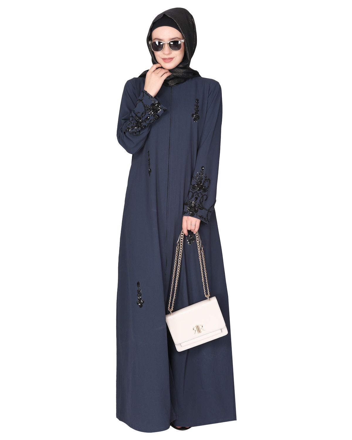 Rich hand embroidered front open dark grey abaya with itricate motif of glittering black beads