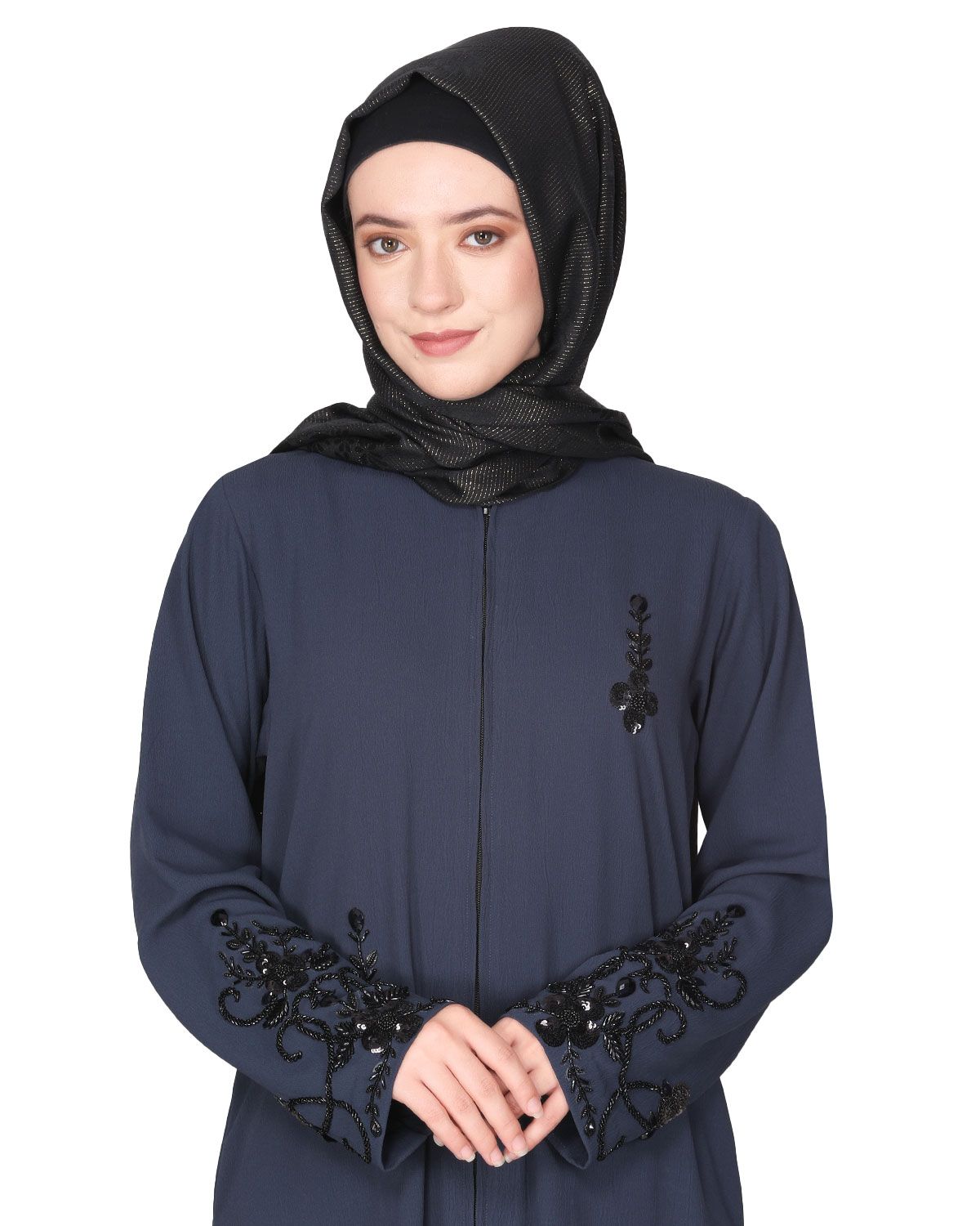 Rich hand embroidered front open dark grey abaya with itricate motif of glittering black beads