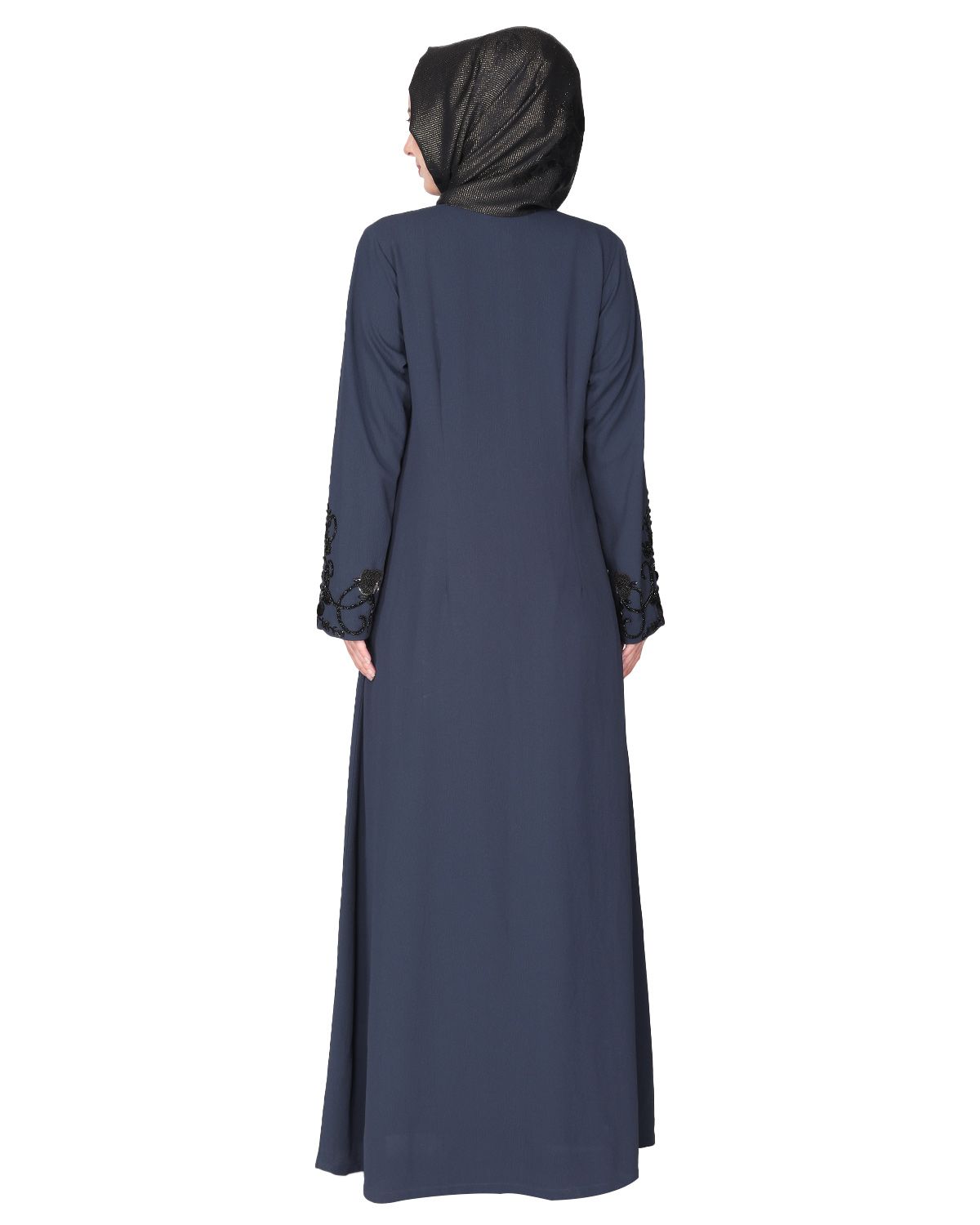 Rich hand embroidered front open dark grey abaya with itricate motif of glittering black beads